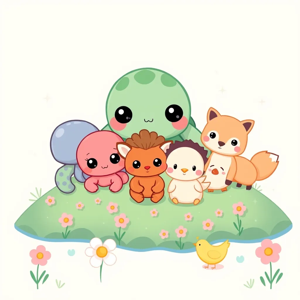 Cute cartoon sea turtle, octopus, hedgehog, fox, piglet and chick together on a sunny hill
